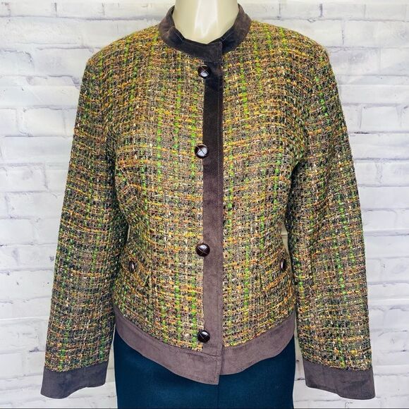 Talbots  Women Tweed Band Collar Corduroy Trim Button Crew jacket - Picture 1 of 10